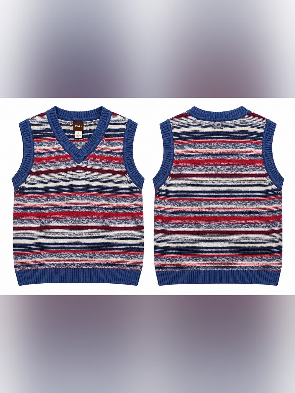 Tea Collection Boys 6-7 Sweater Vest Striped V Neck Red Blue Knit Holiday Preppy